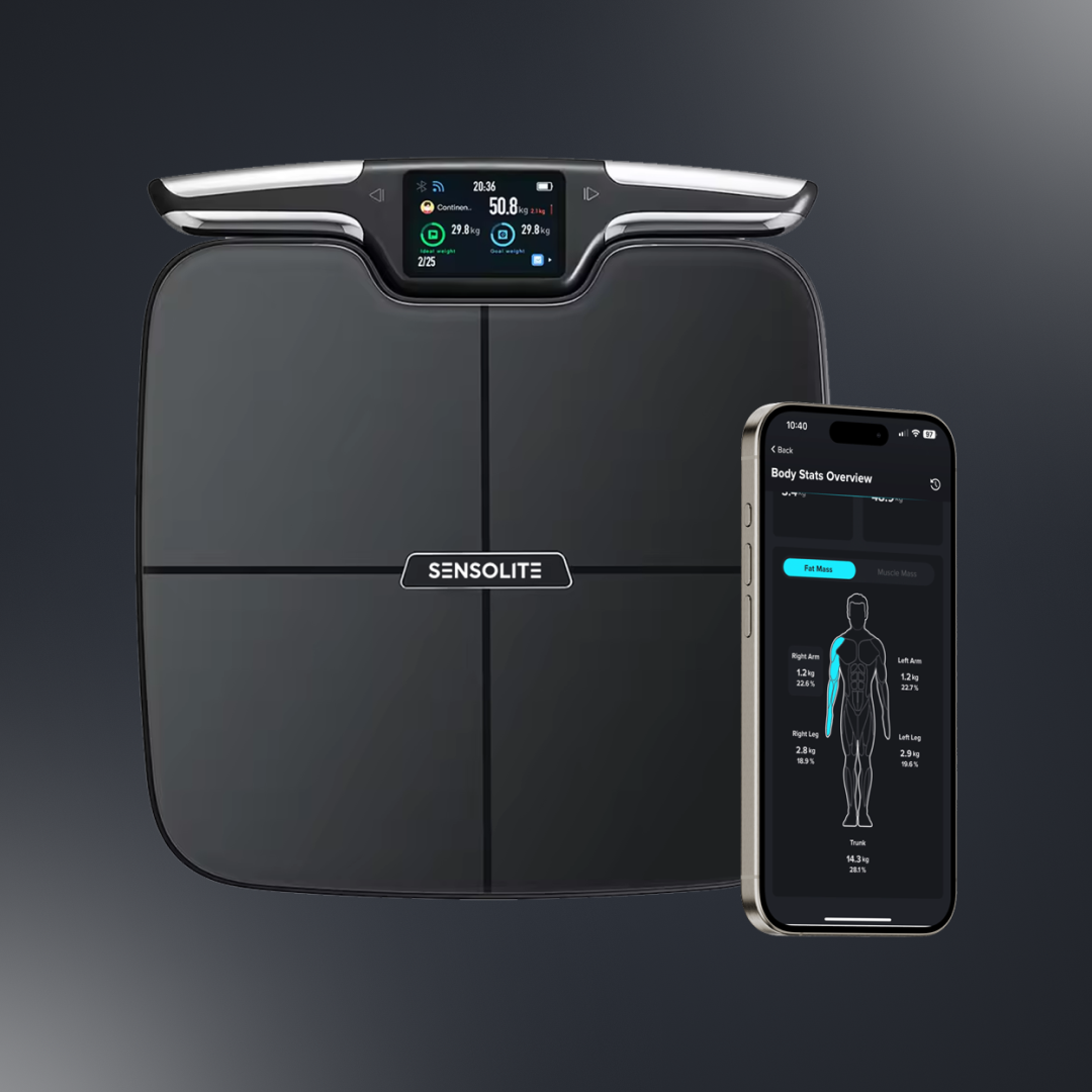 Die Sensolite Smart Scale und ein iPhone auf transparentem Hintergrund.